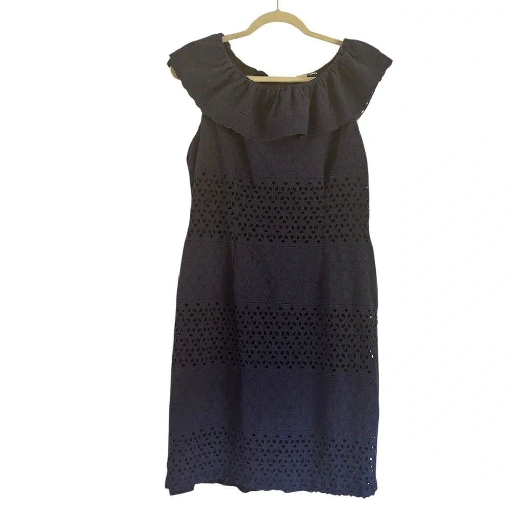 Karl Lagerfeld Paris Navy Off-Shoulder Eyelet Dress SZ 12 Ruffle Neck Cotton Mid - Picture 4 of 8